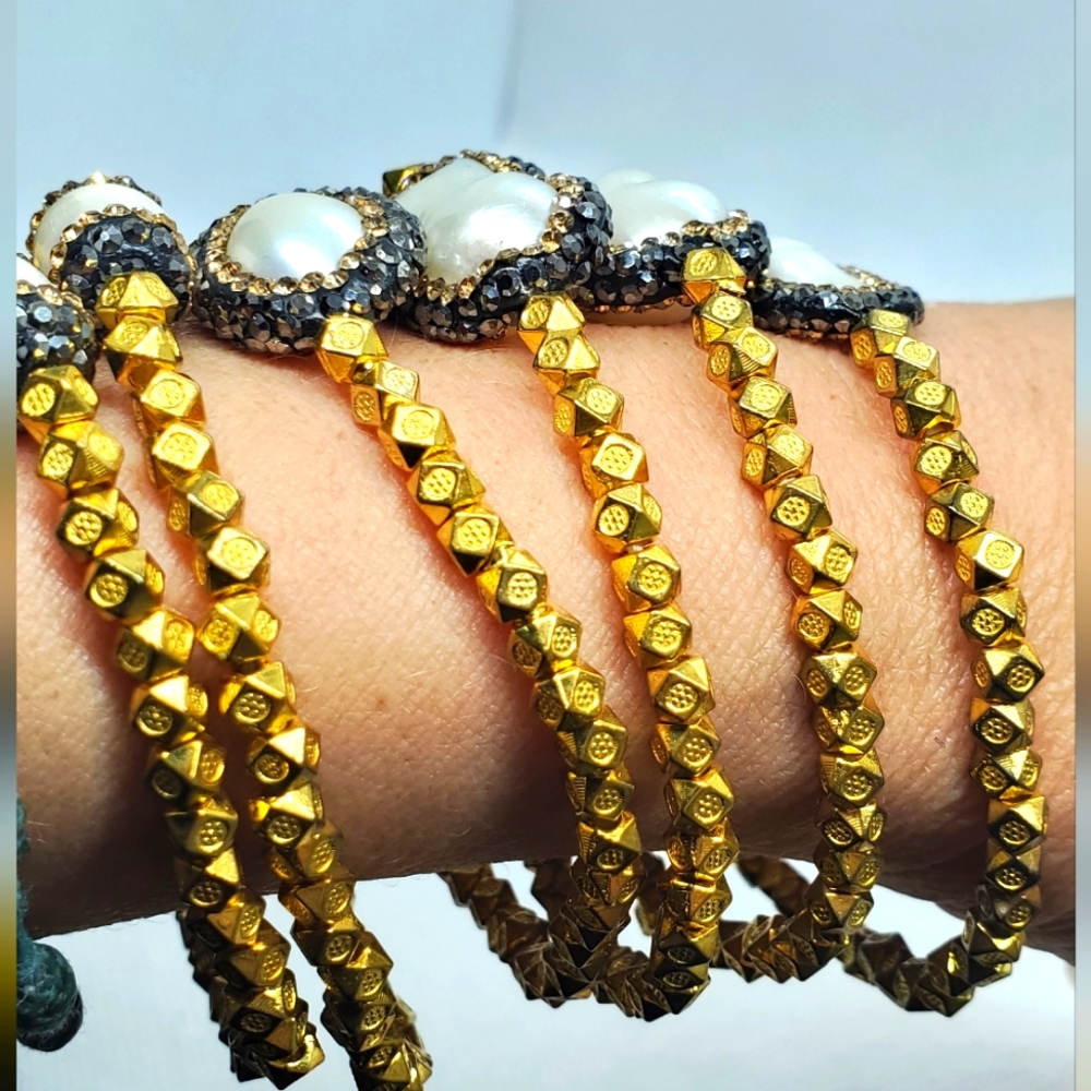 Lizet Miro -Set 6-handmade Gold and Silver Rhinestones Barroque Pearls Bracelet